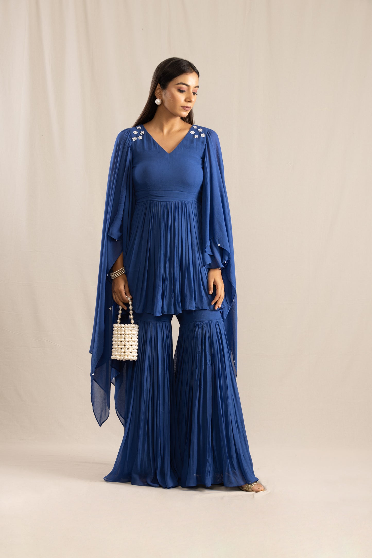 Blue Short Peplum Kurta with Sharara