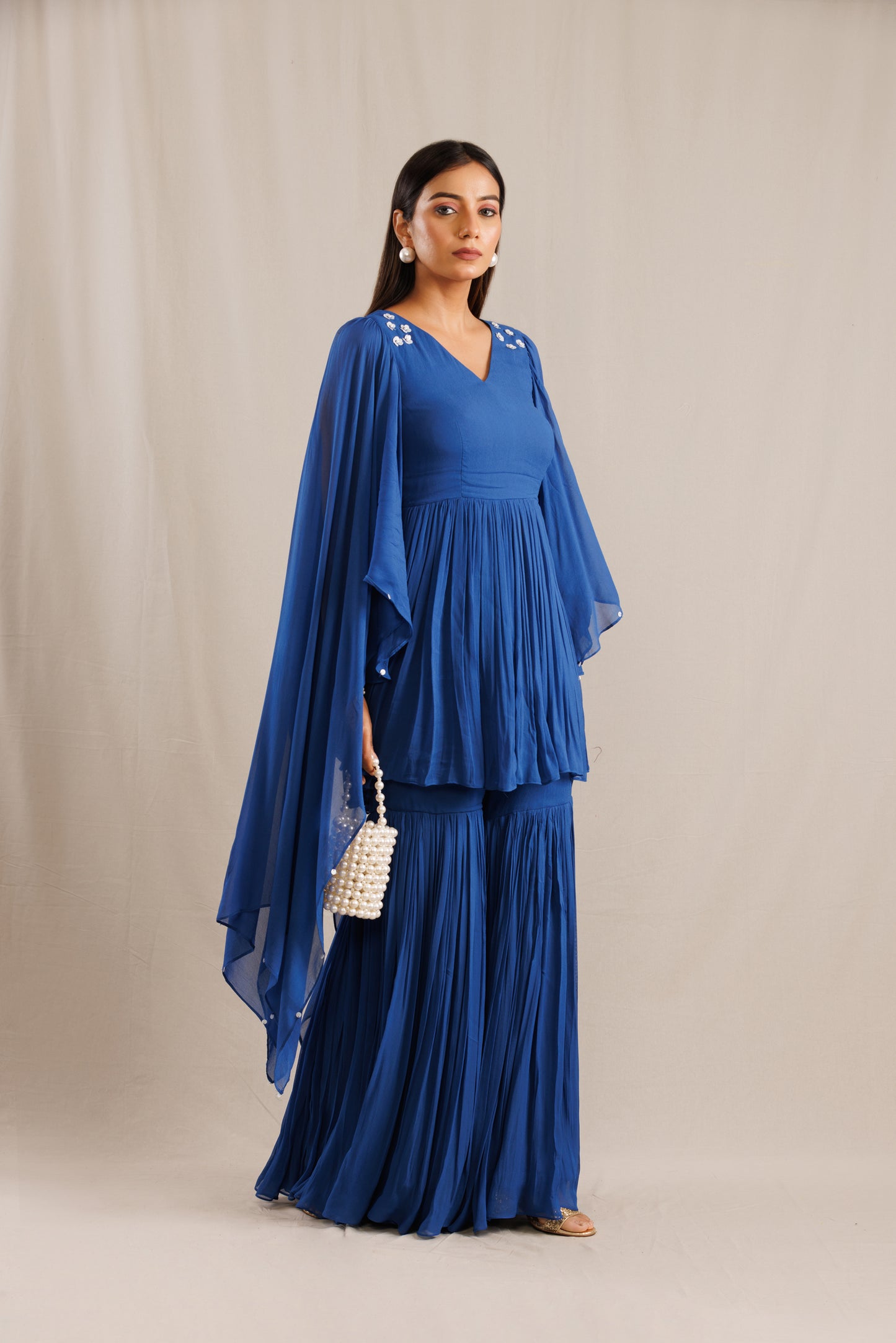 Blue Short Peplum Kurta with Sharara