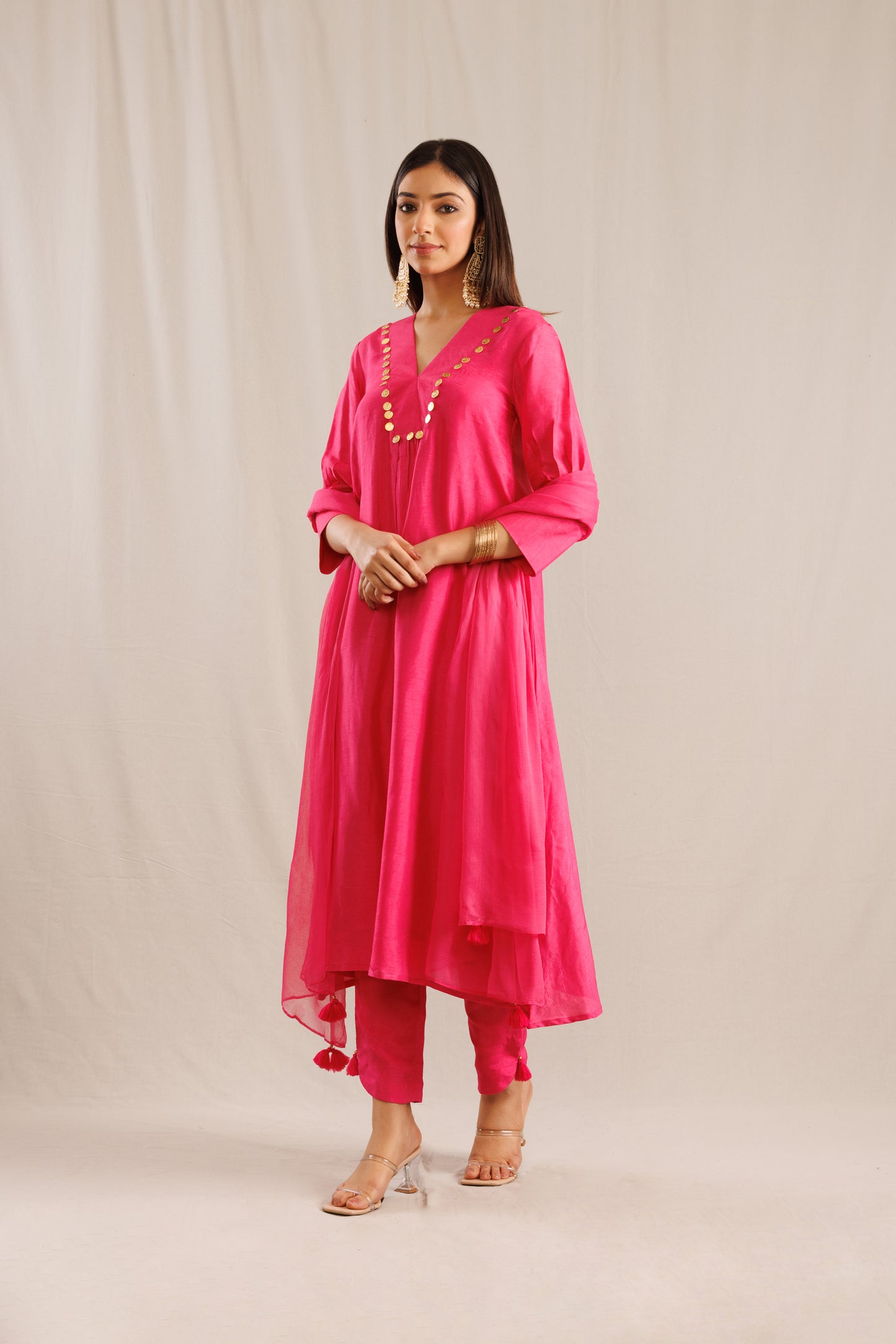 Pink Coin Neck Kurta with Pants and a Dupatta