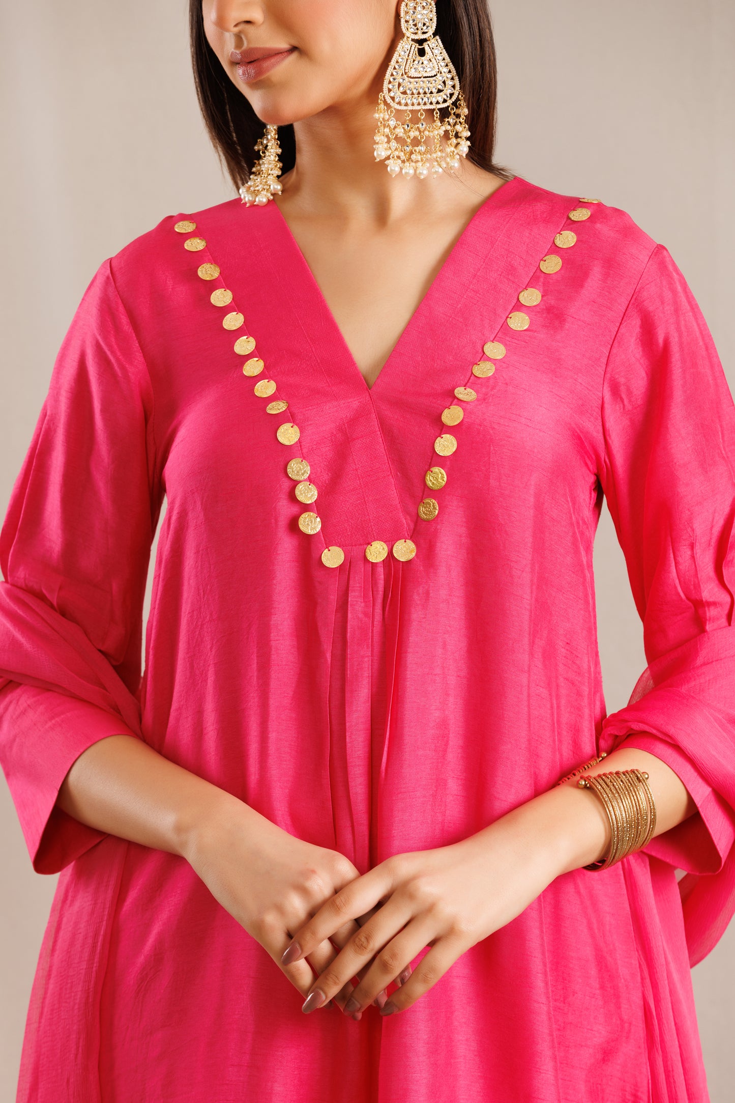 Pink Coin Neck Kurta with Pants and a Dupatta