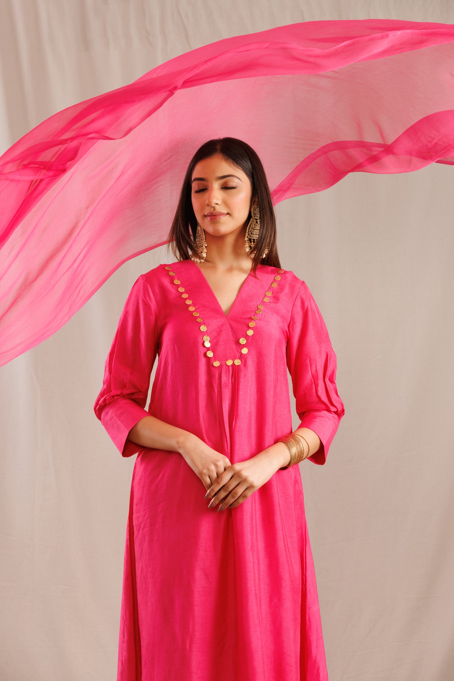 Pink Coin Neck Kurta with Pants and a Dupatta