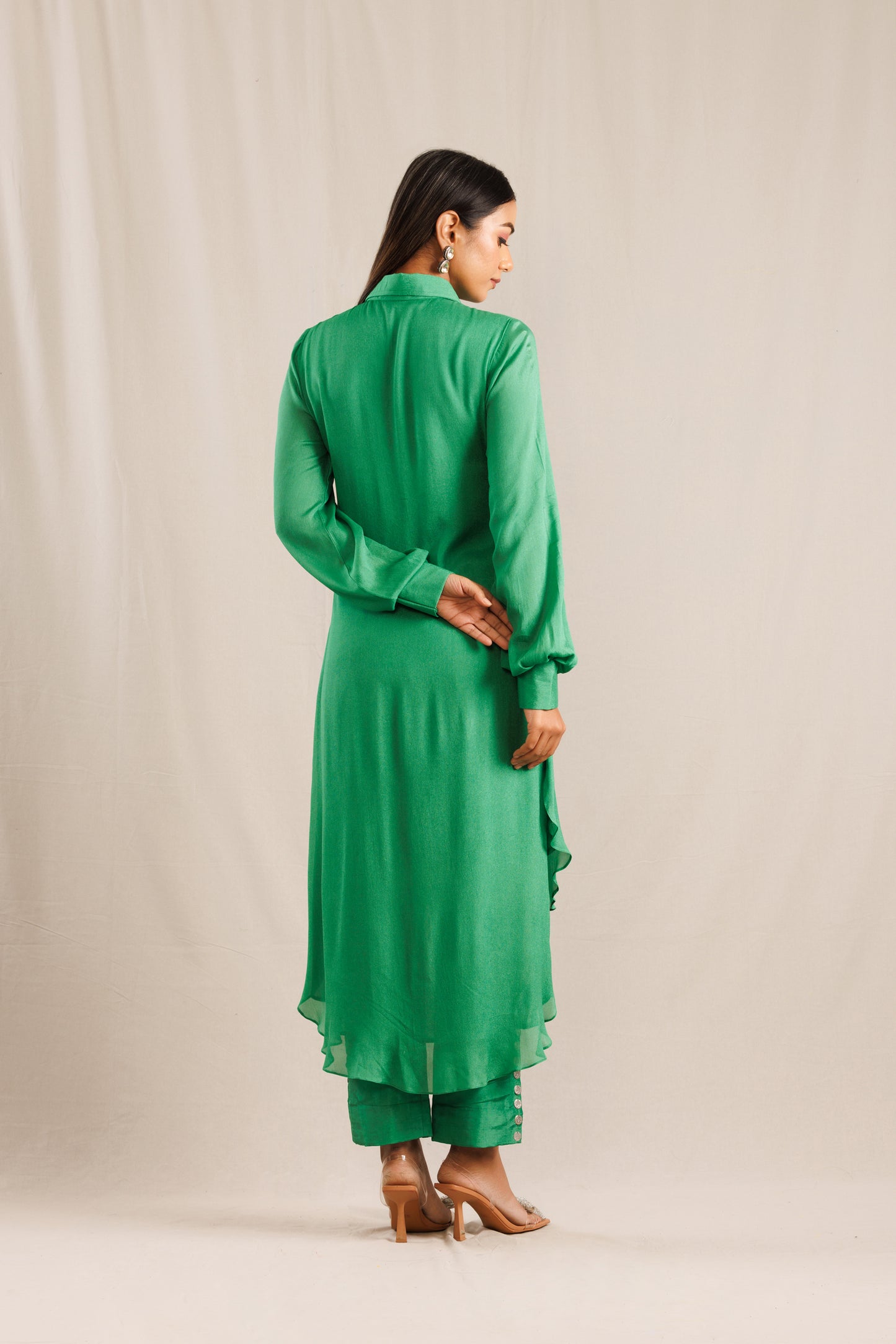 Green Overlapped Neckline Kurta with Pants