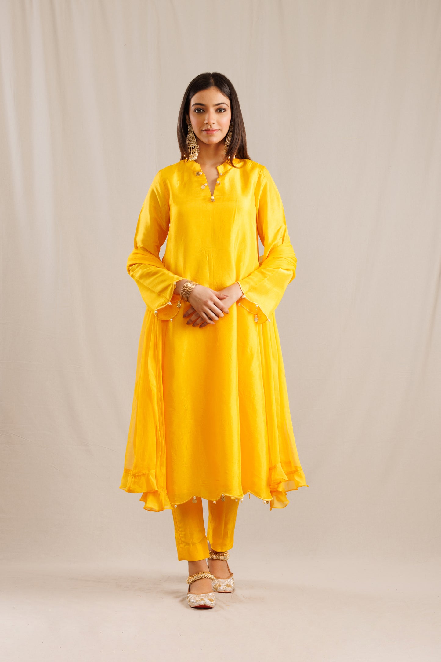 Yellow Kurta with Scalloped Hem Paired with Pants