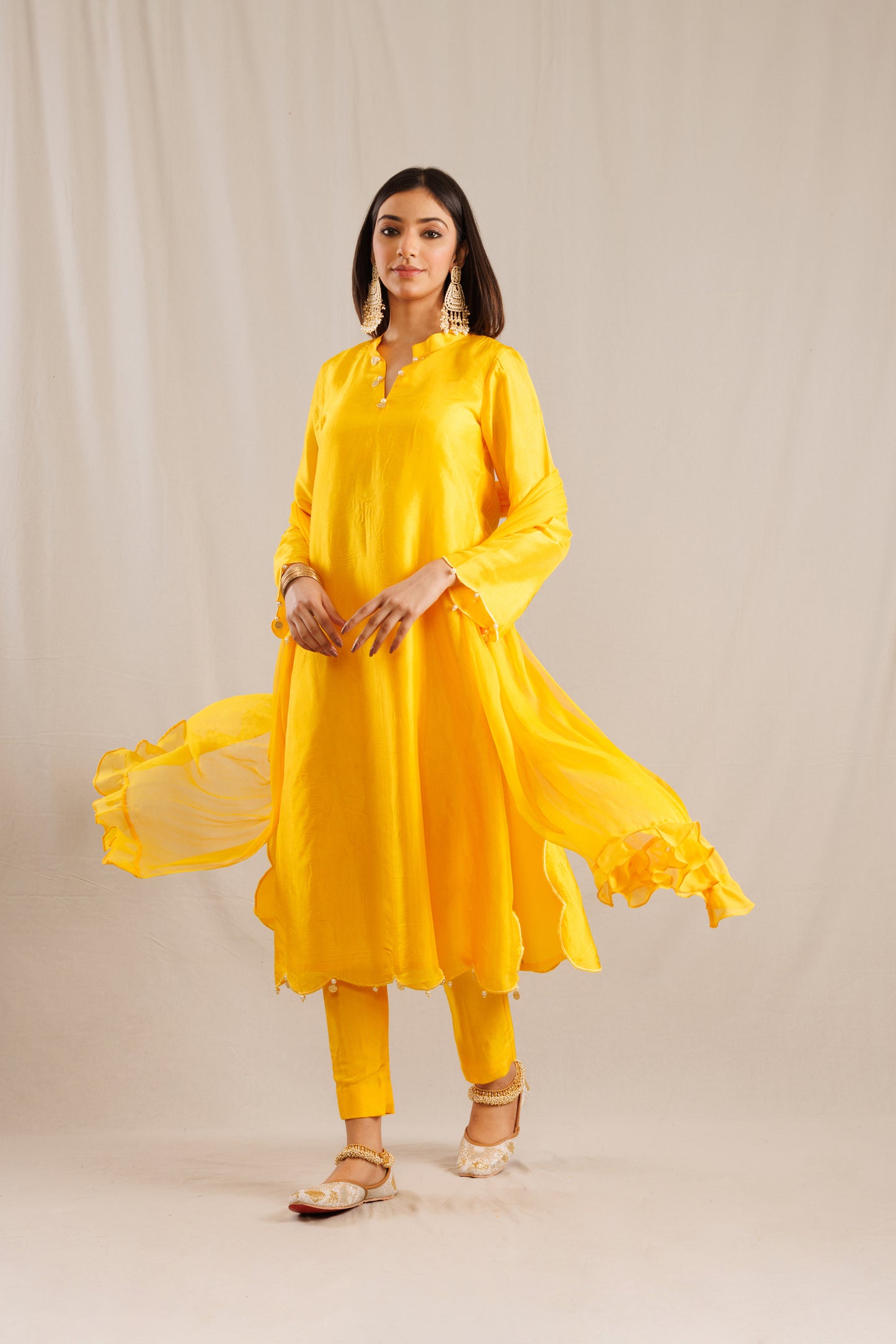 Yellow Kurta with Scalloped Hem Paired with Pants
