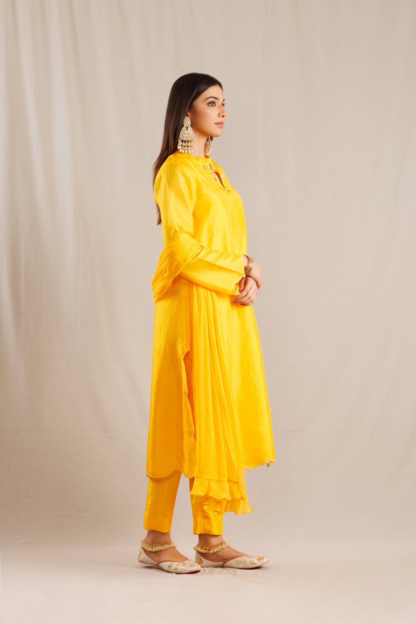 Yellow Kurta with Scalloped Hem Paired with Pants