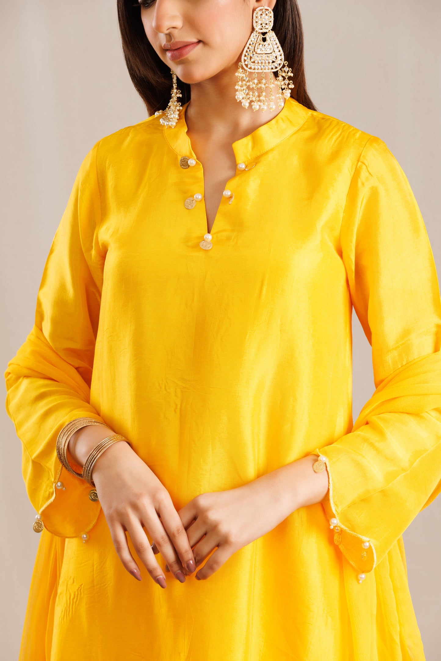 Yellow Kurta with Scalloped Hem Paired with Pants