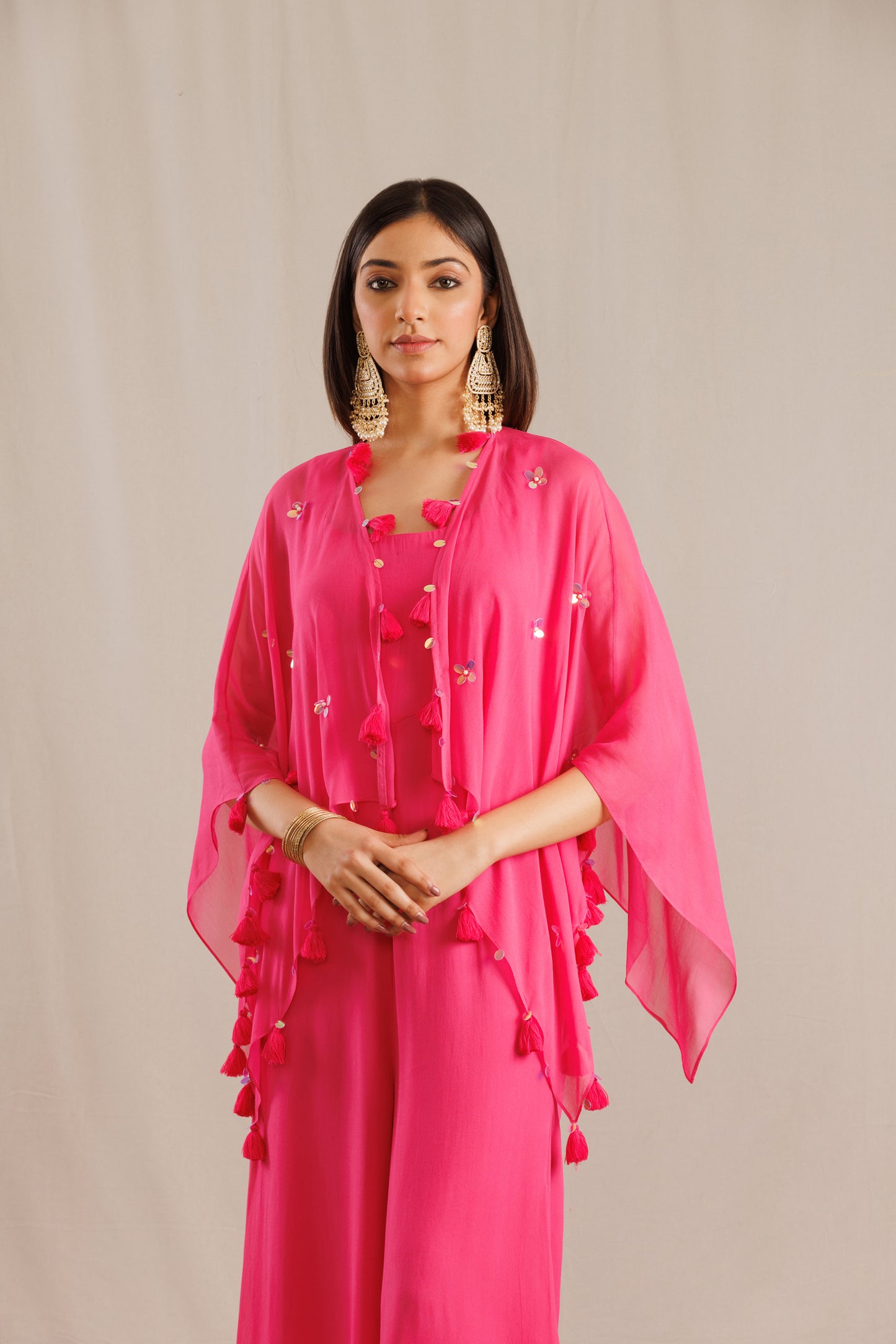 Pink Georgette Jumpsuit with Organza Cape