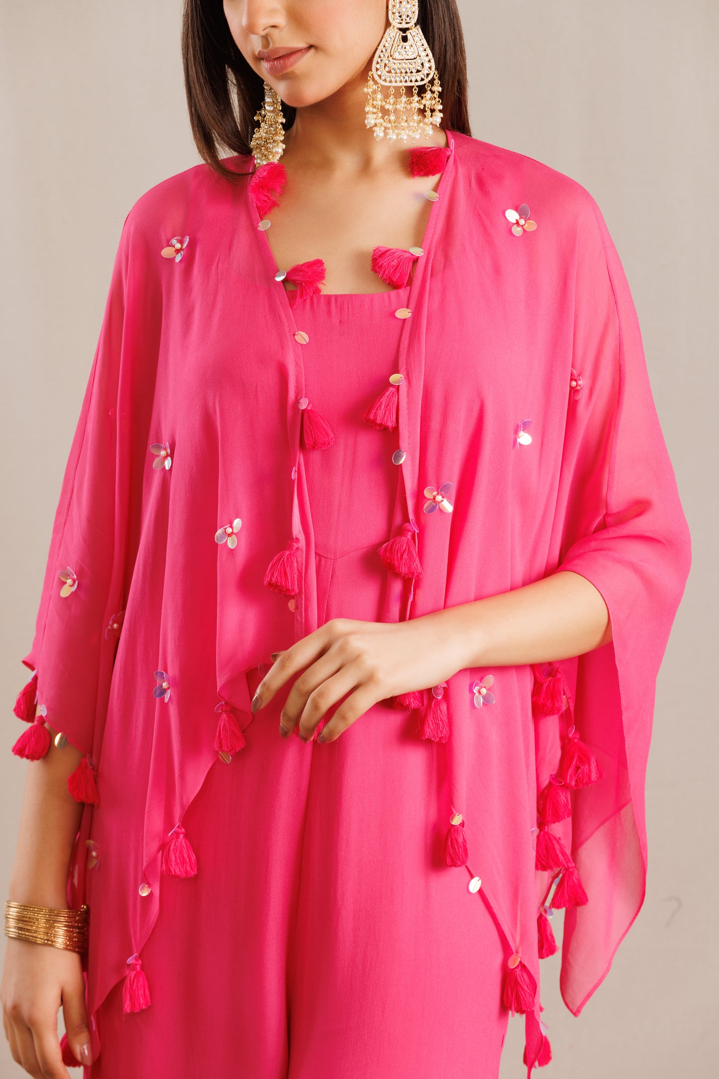 Pink Georgette Jumpsuit with Organza Cape
