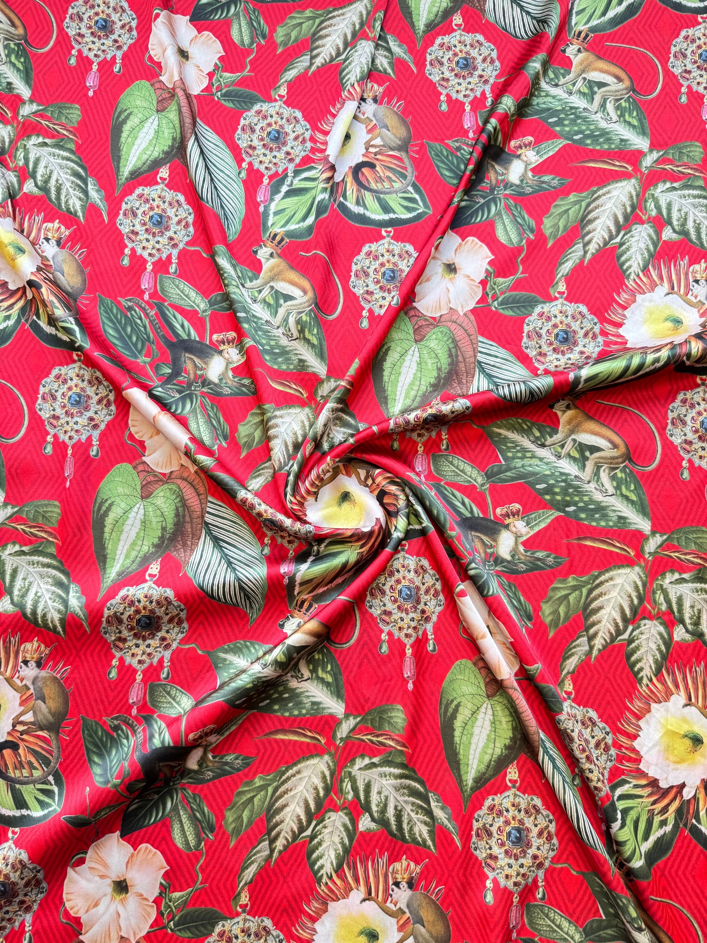 Red Flora & Fauna Satin Fabric