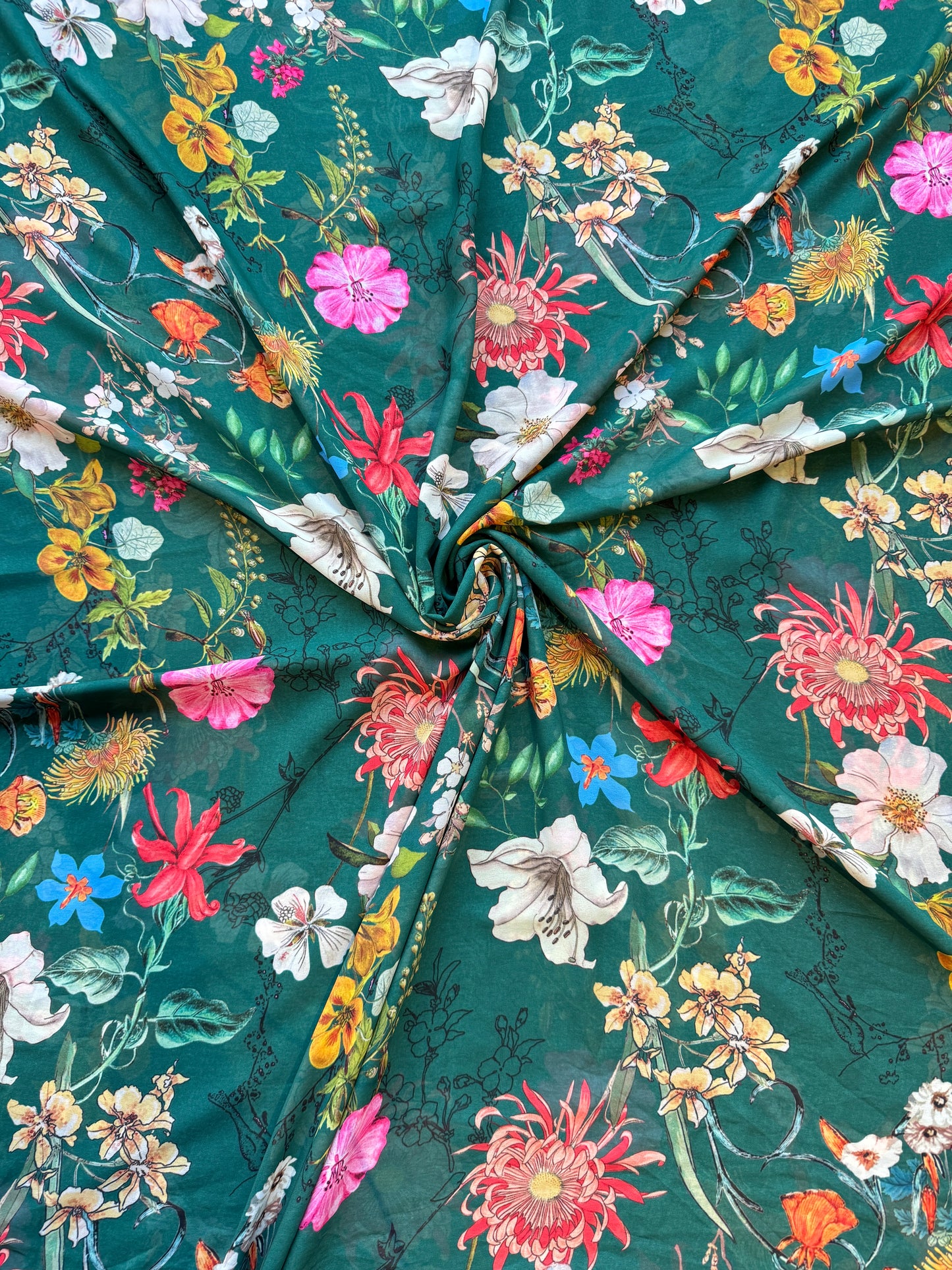 Forest Flora Green Georgette Fabric