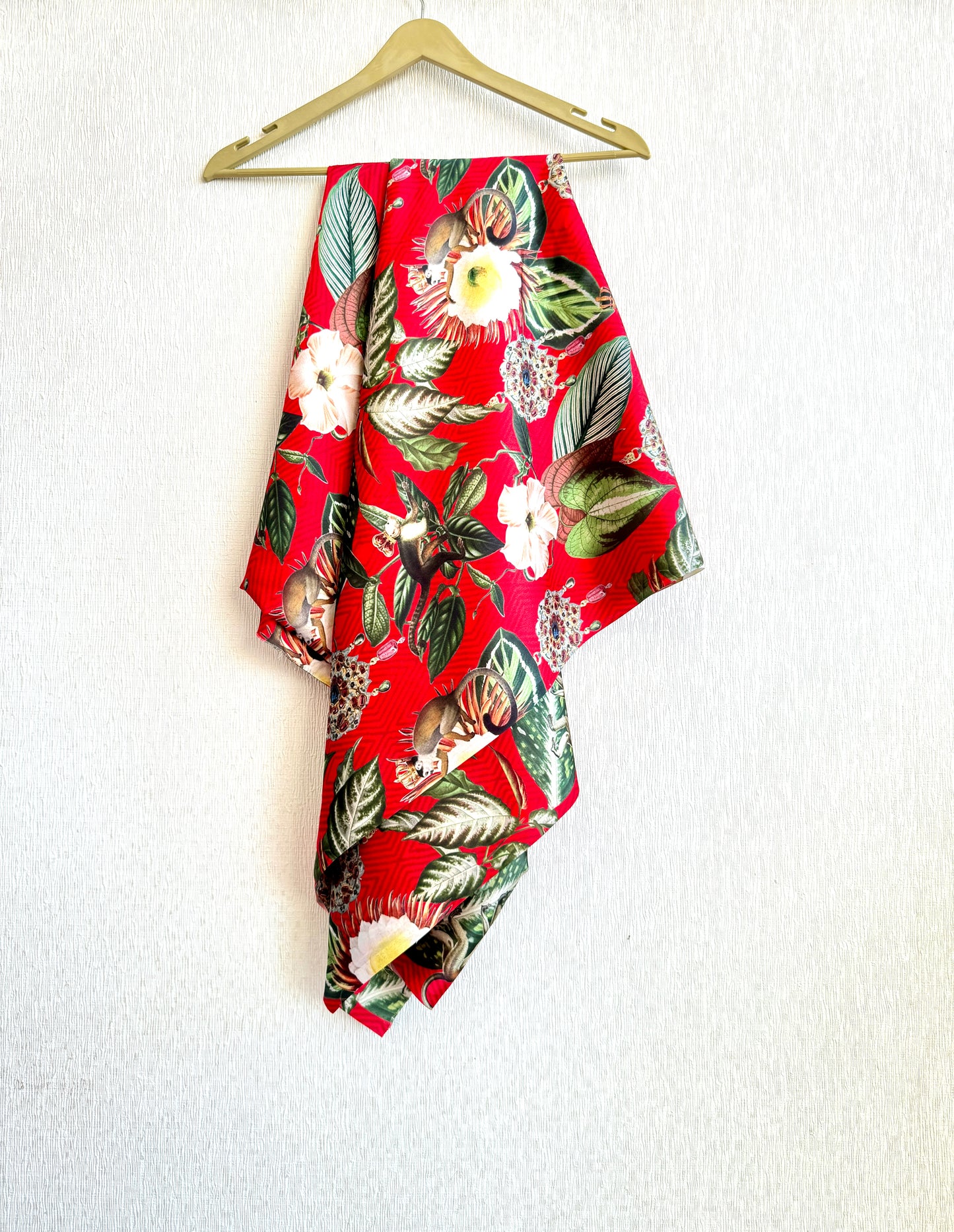 Red Flora & Fauna Satin Fabric