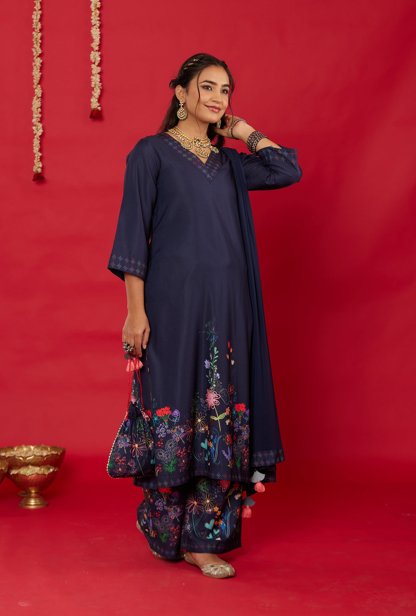 NEELA GULZAAR LONG KURTA WITH PALAZZO AND DUPATTA