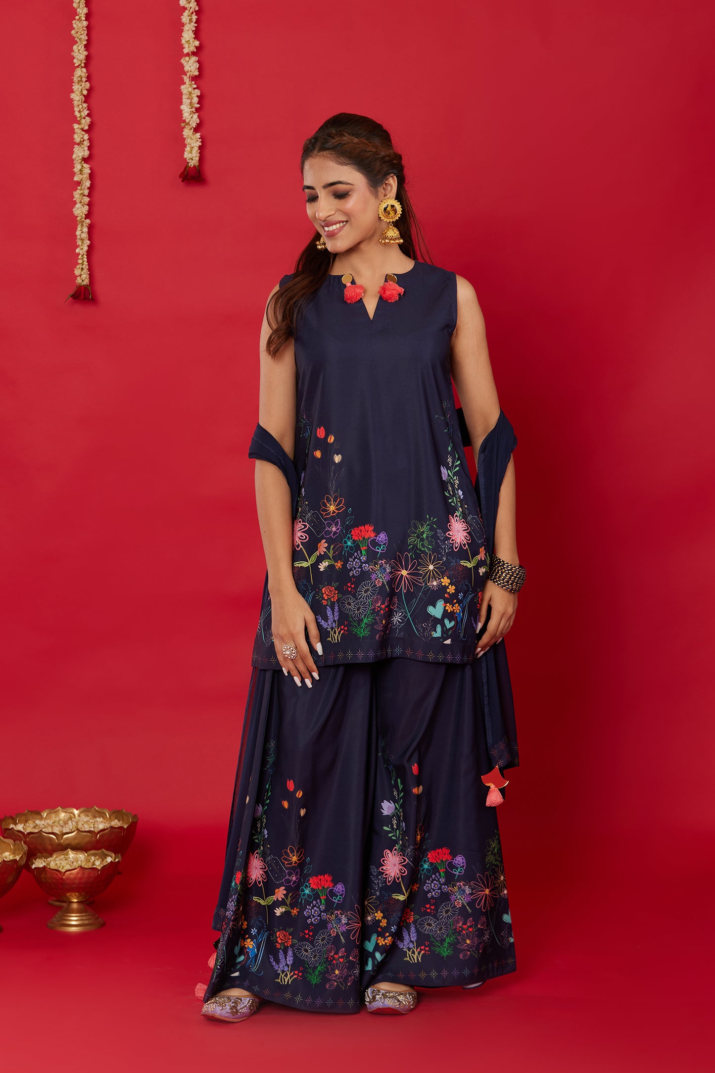 NEELA GULZAAR SLEEVELESS KURTA WITH PALAZZO AND DUPATTA