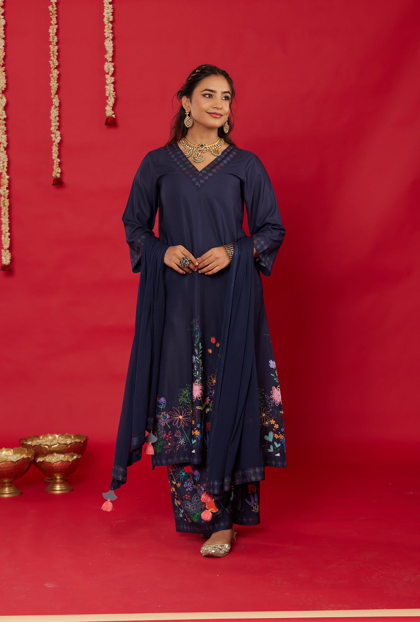 NEELA GULZAAR LONG KURTA WITH PALAZZO AND DUPATTA