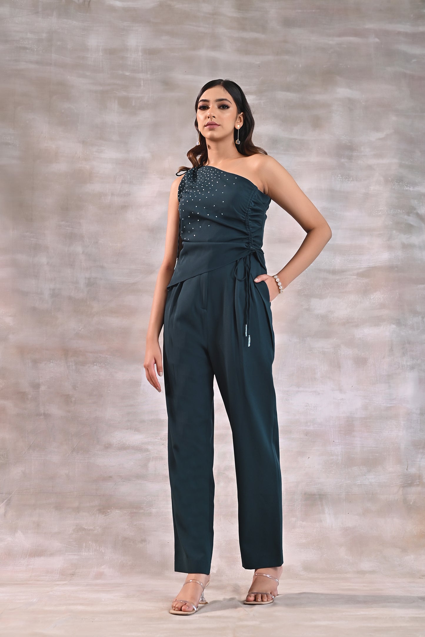 Dark Green One Shoulder Top with Pants