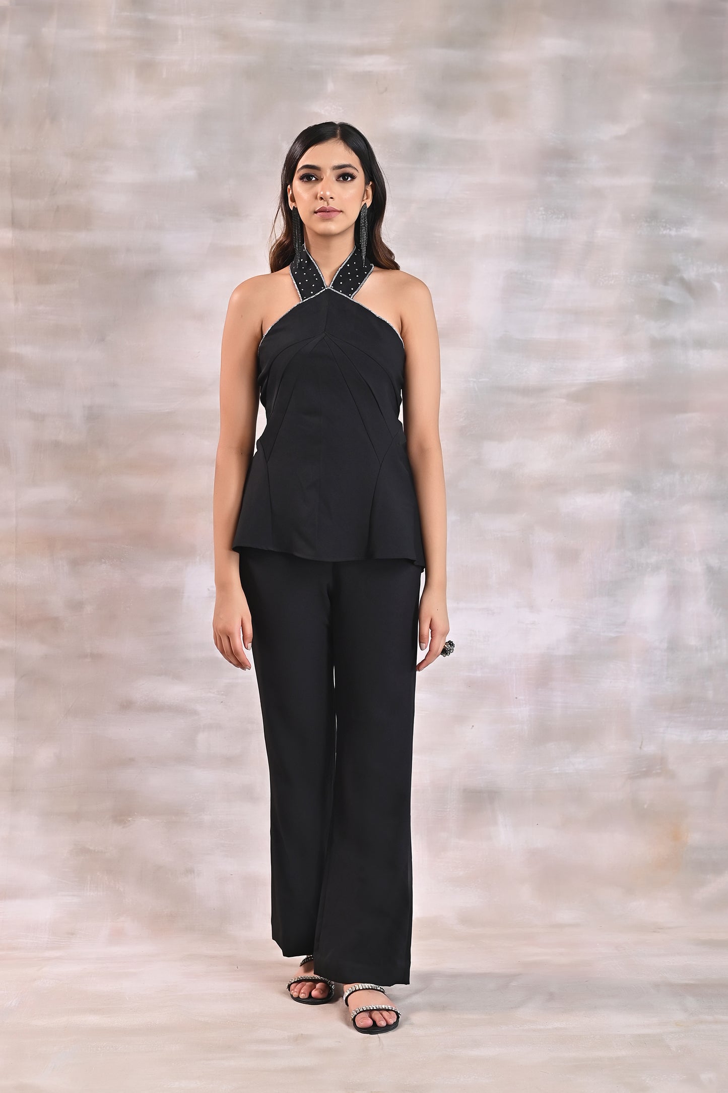 Black Drape Top with Flared Pants