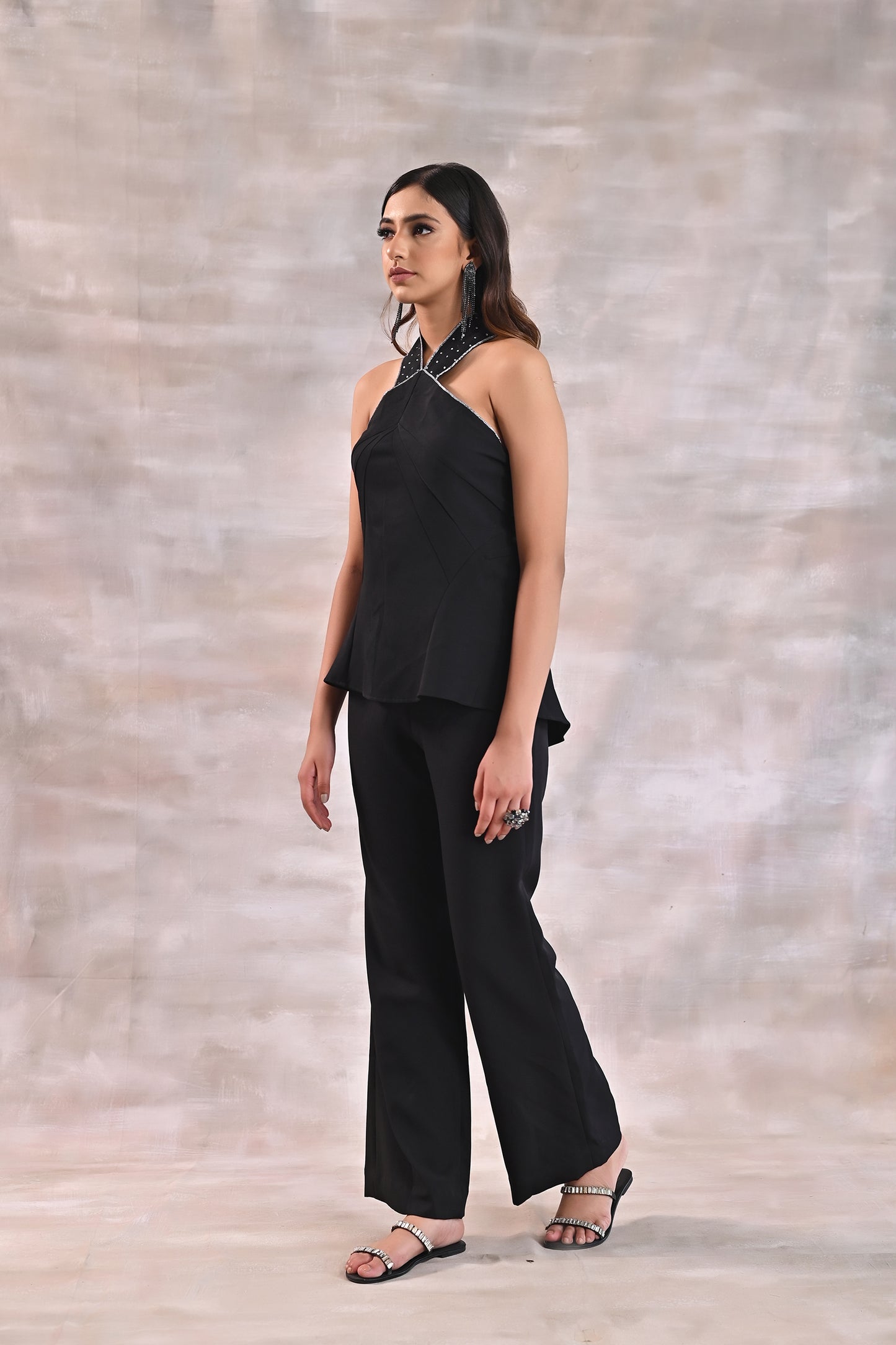 Black Drape Top with Flared Pants
