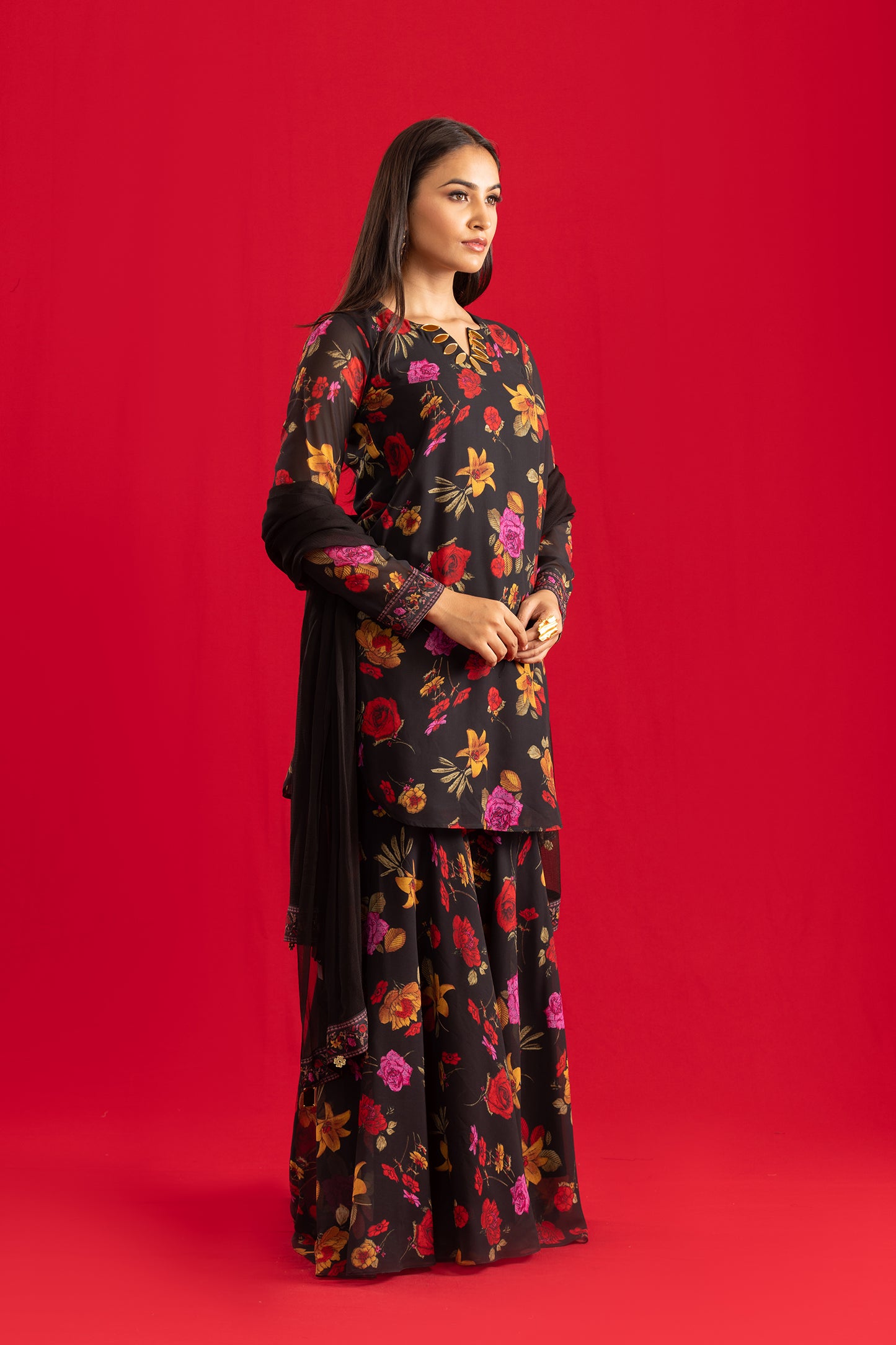 Midnight Kurta & Sharara with Flowing Dupatta