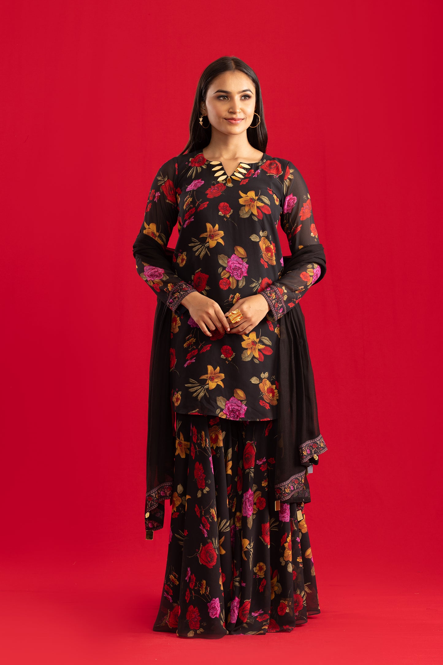 Midnight Kurta & Sharara with Flowing Dupatta