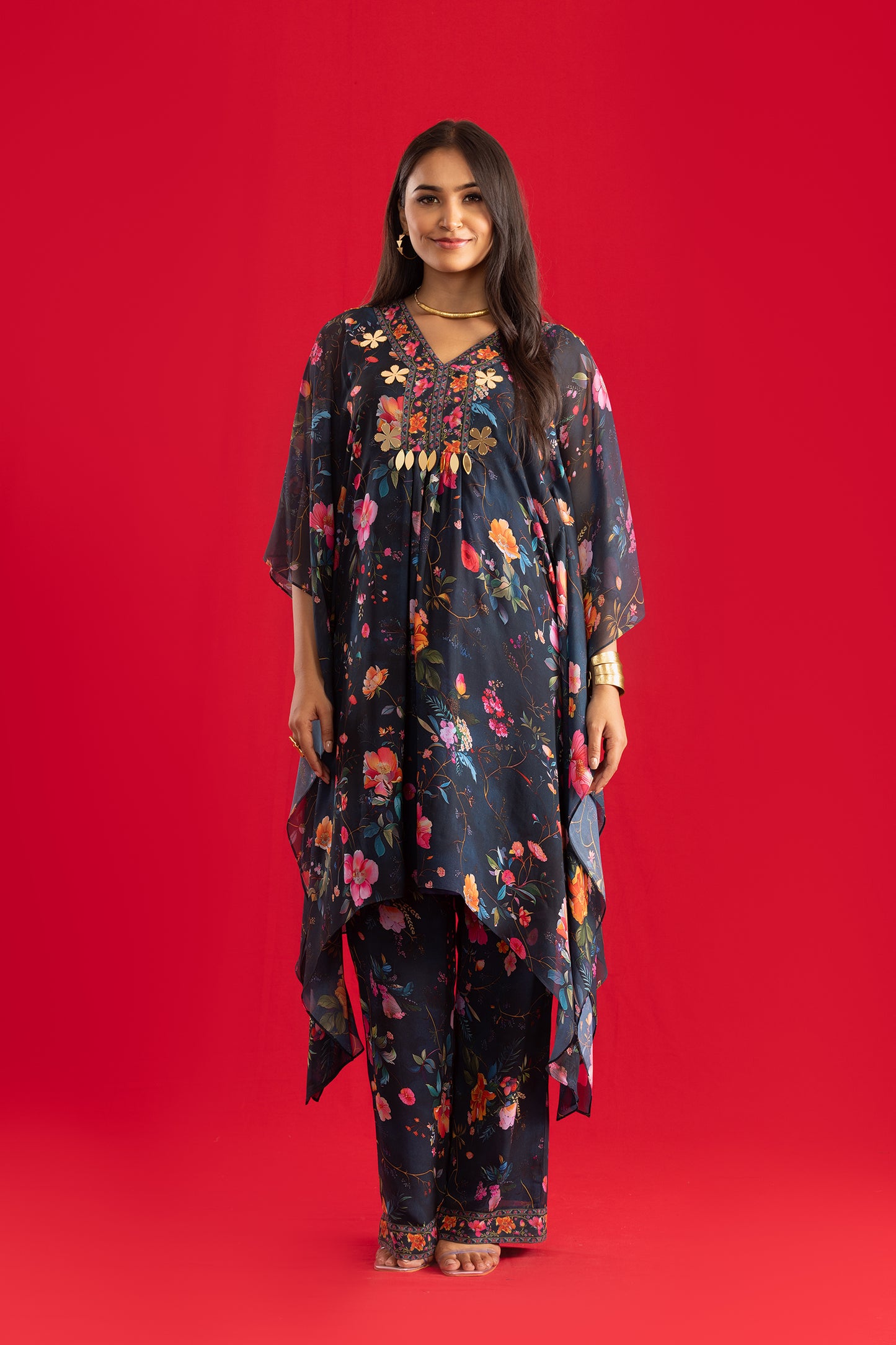 Royal Blue Floral Kaftan with Palazzo Pants