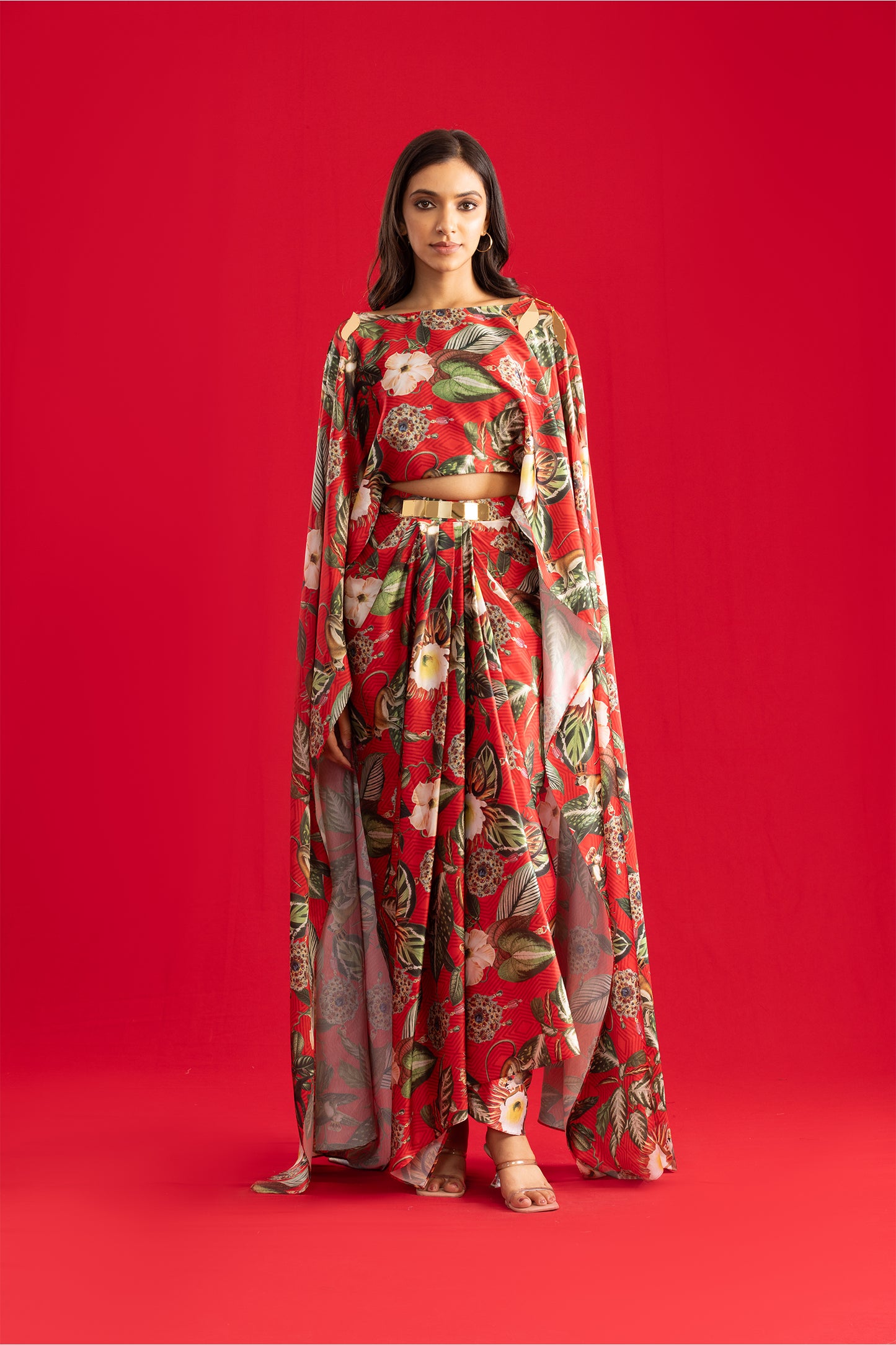 Red Flora & Fauna Satin Fabric