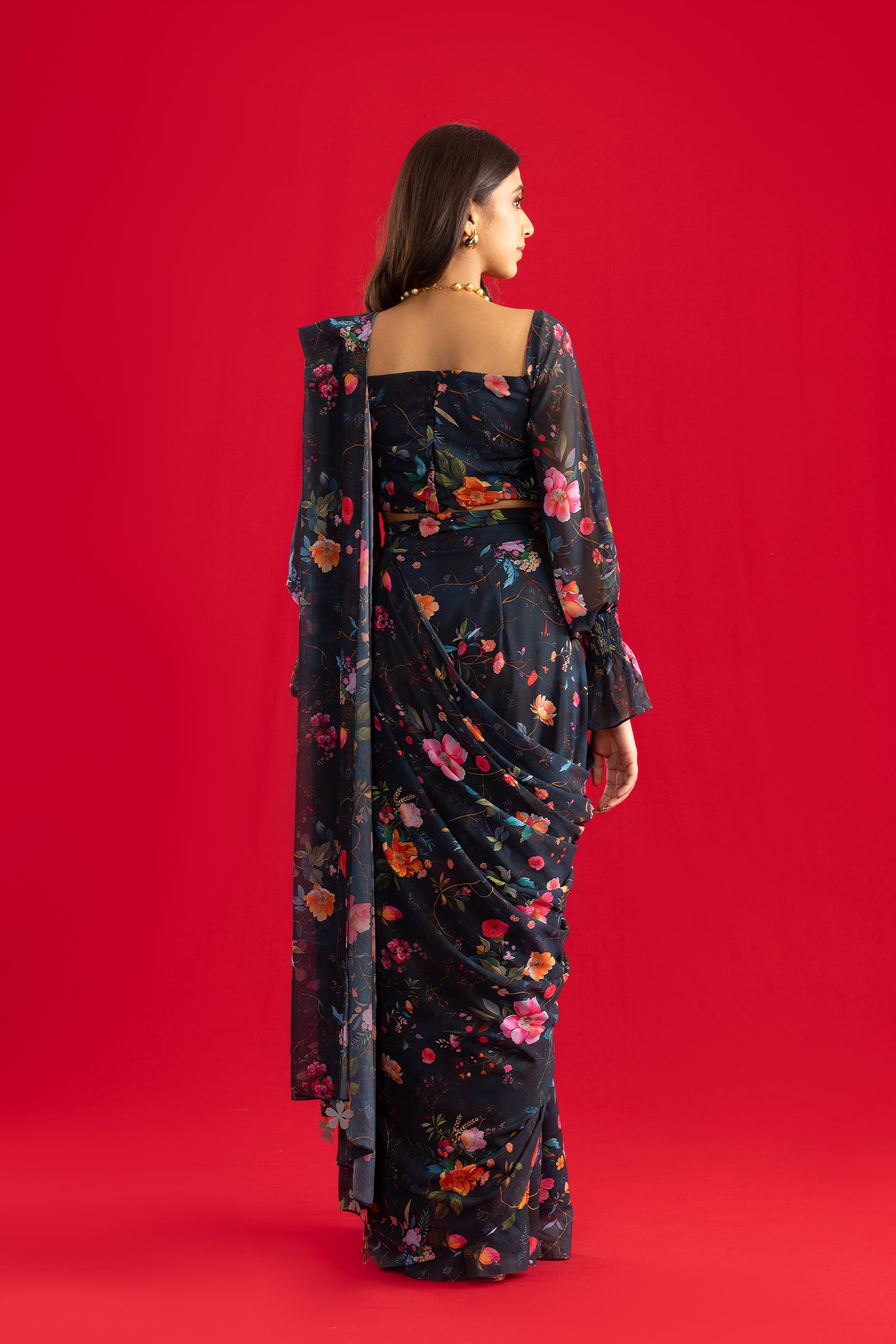 Pre Stitched Read to Wear Black Floral Print Saree