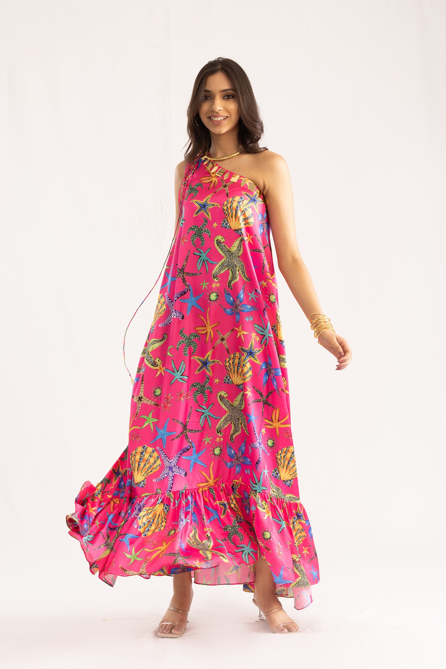 Pink Ocean Printed Satin Fabric