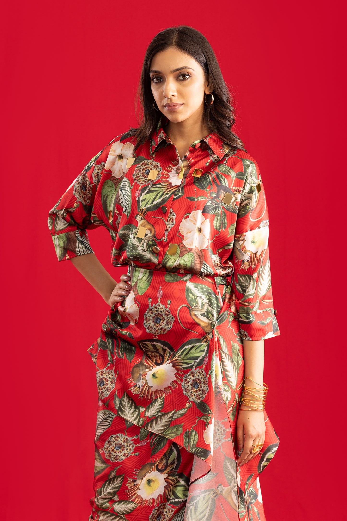 Red Delight Shirt with Drape Skirt