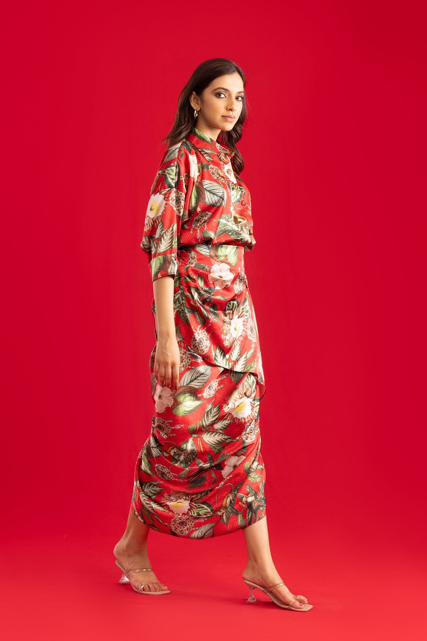 Red Delight Shirt with Drape Skirt