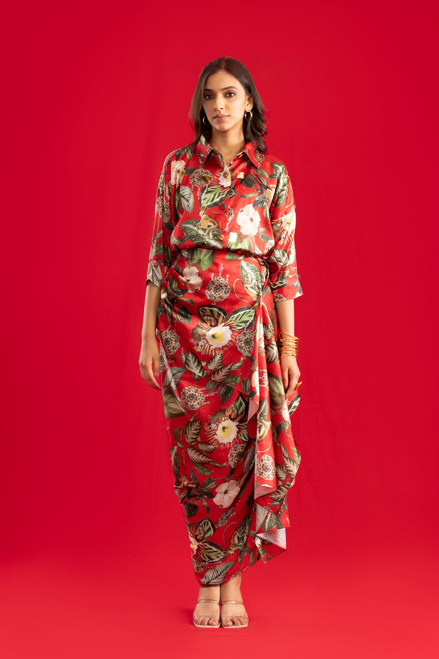 Red Delight Shirt with Drape Skirt