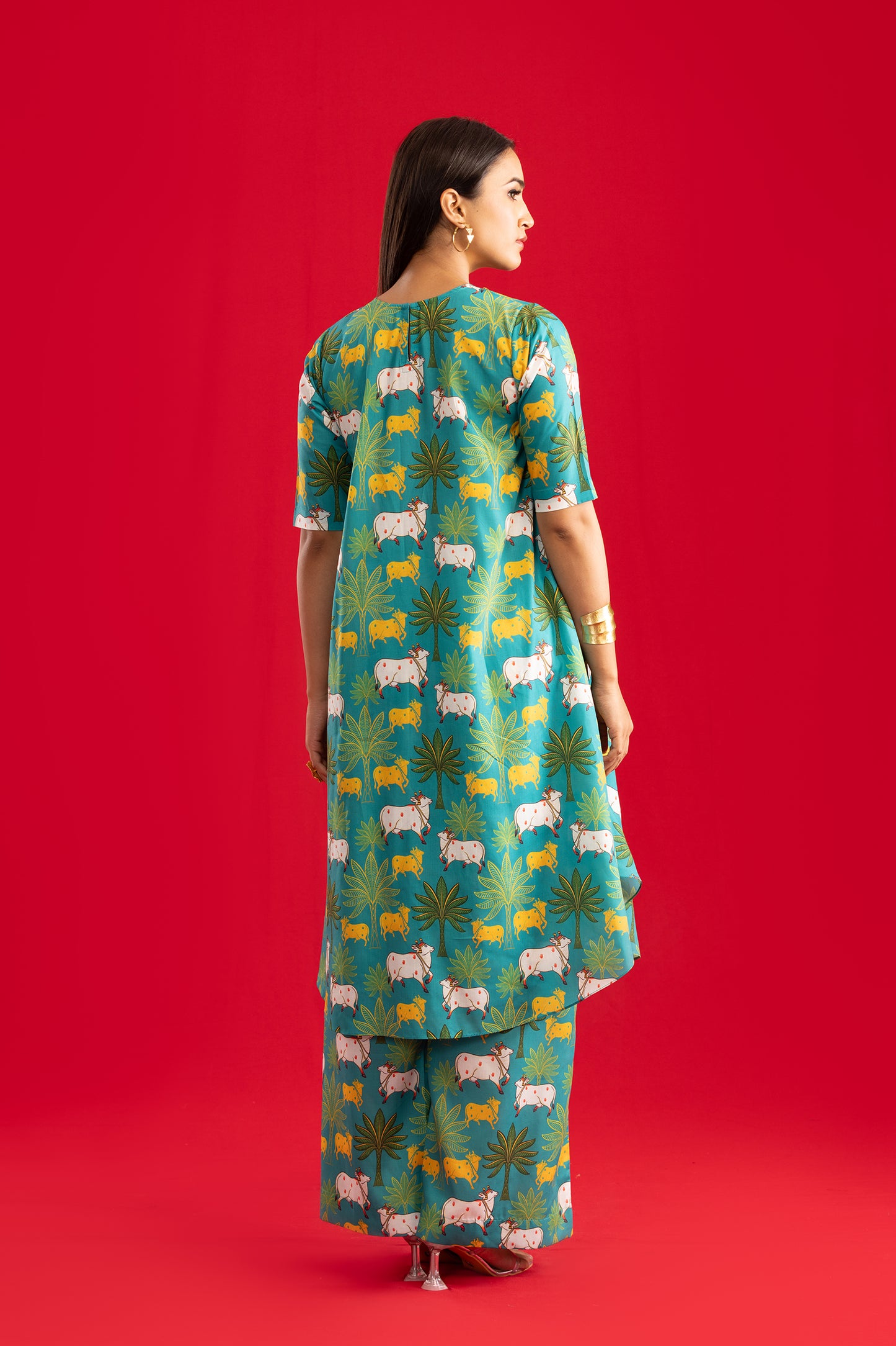 Turquoise Printed Cowl Kurta with Pants