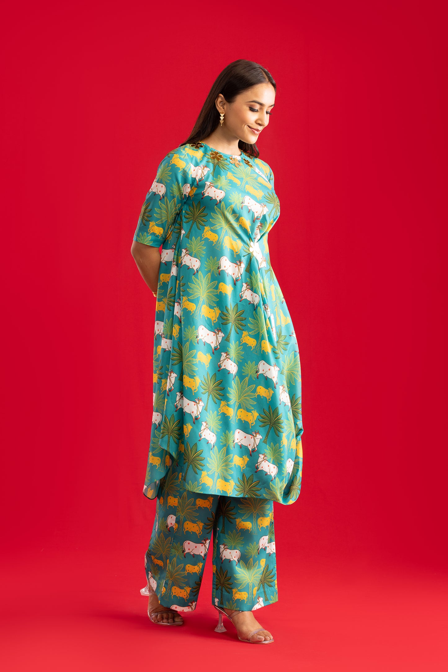 Turquoise Printed Cowl Kurta with Pants