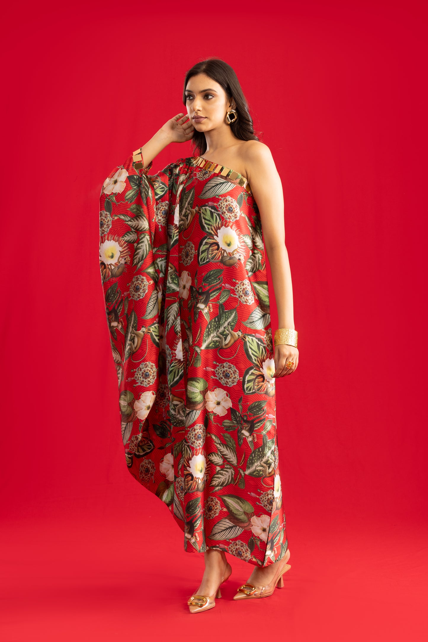 Red One Shoulder Cowl Dress