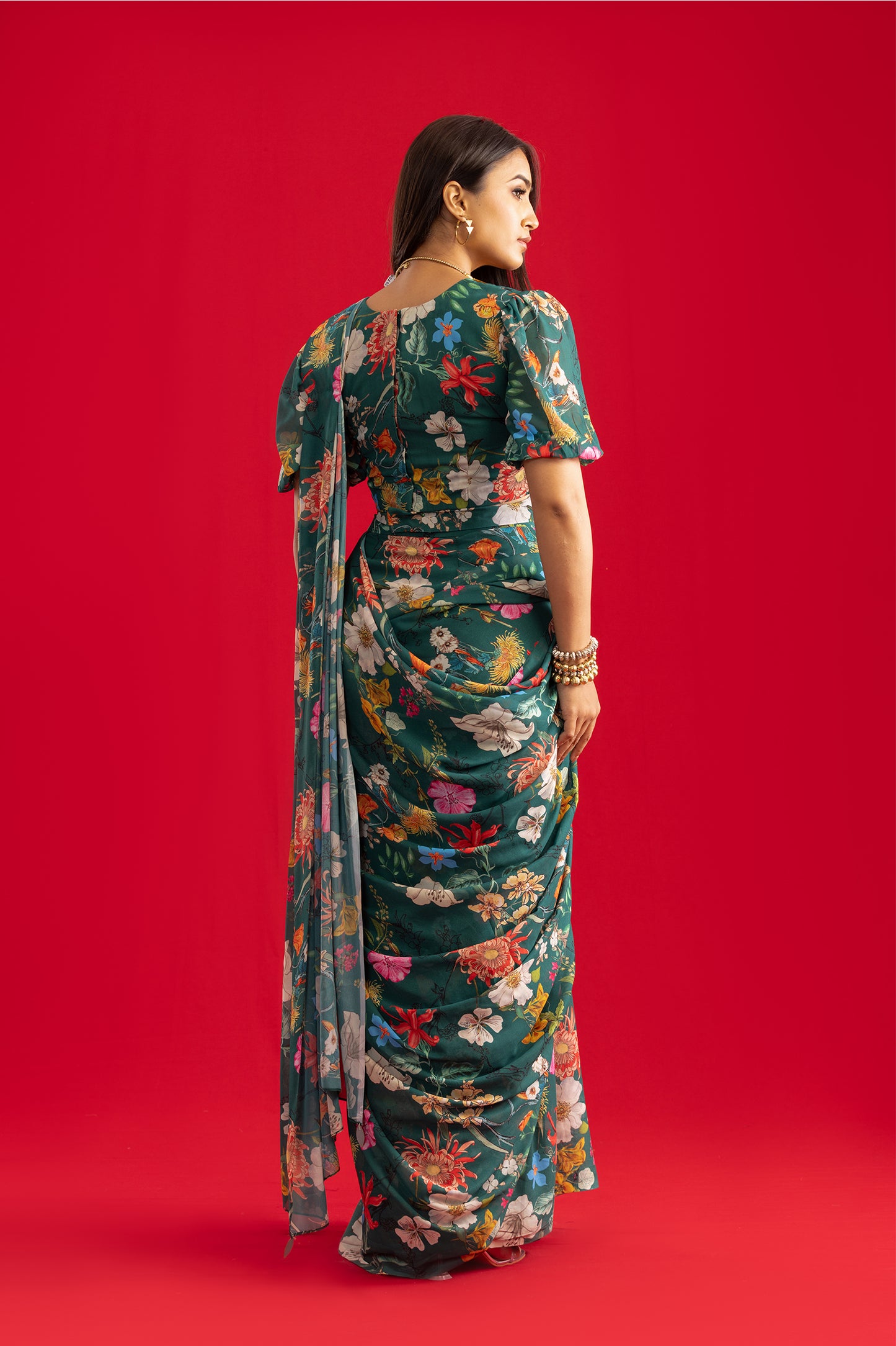 Pre Stitched Ready to Wear Green Saree