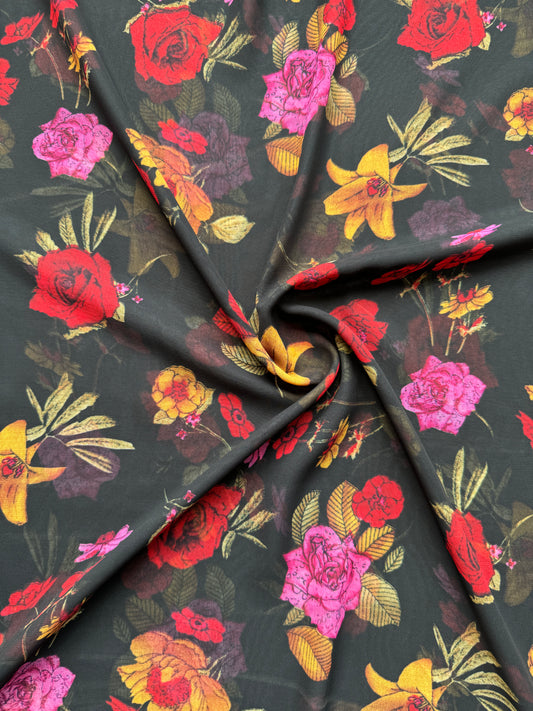 Black Floral Print Georgette Fabric