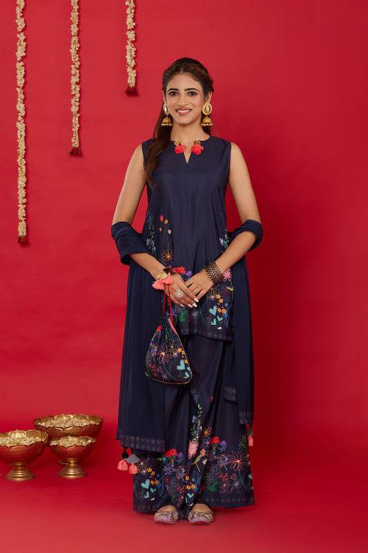 NEELA GULZAAR SLEEVELESS KURTA WITH PALAZZO AND DUPATTA