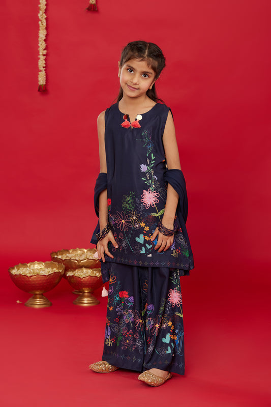 NEELA GULZAAR KURTA WITH PALAZZO AND DUPATTA FOR KIDS