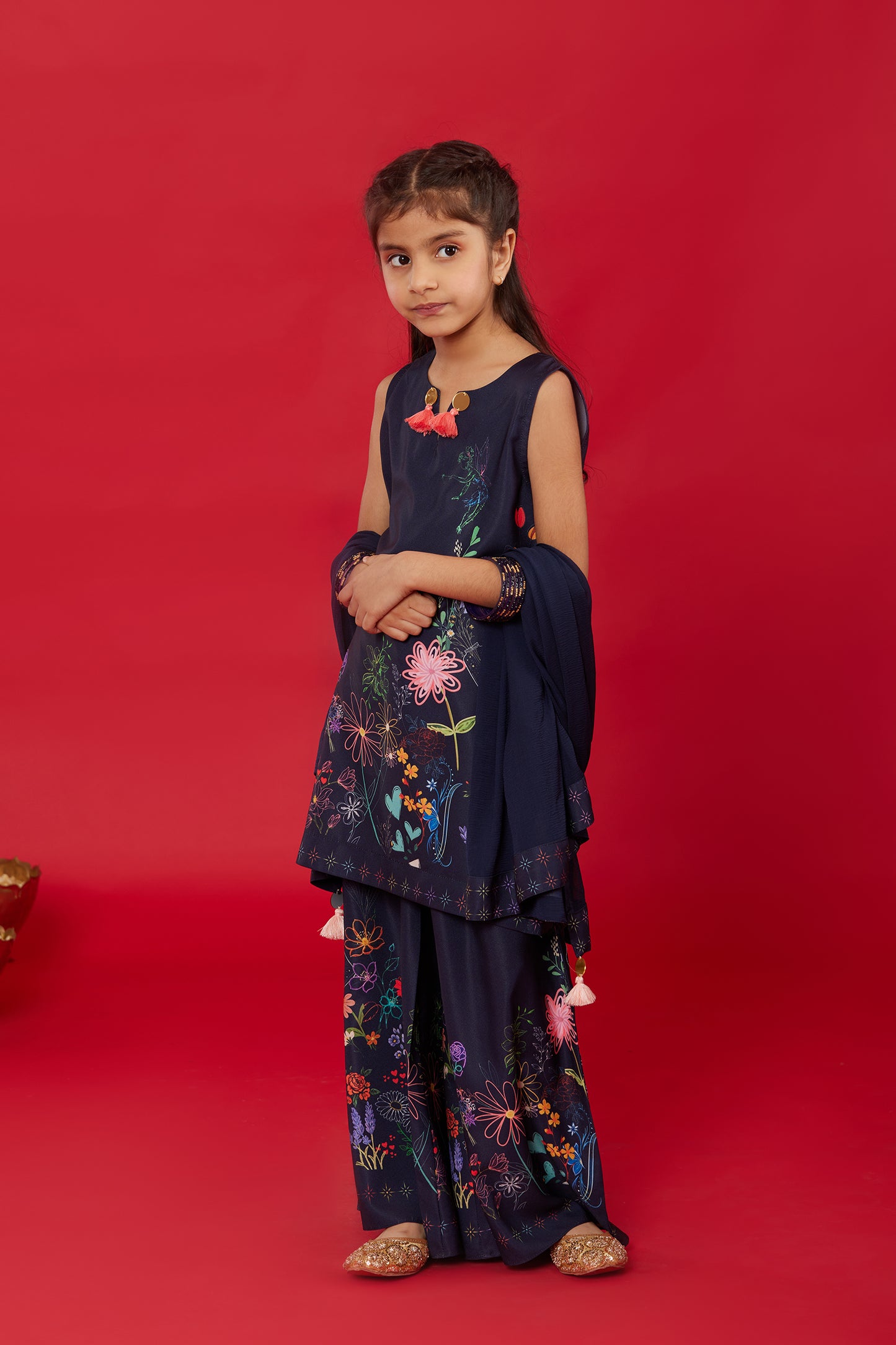 NEELA GULZAAR KURTA WITH PALAZZO AND DUPATTA FOR KIDS